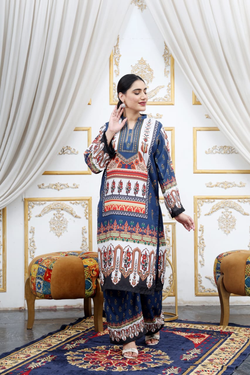 Blue Digital 2 Pcs Coord Set | Silky Lawn Ready-to-Wear