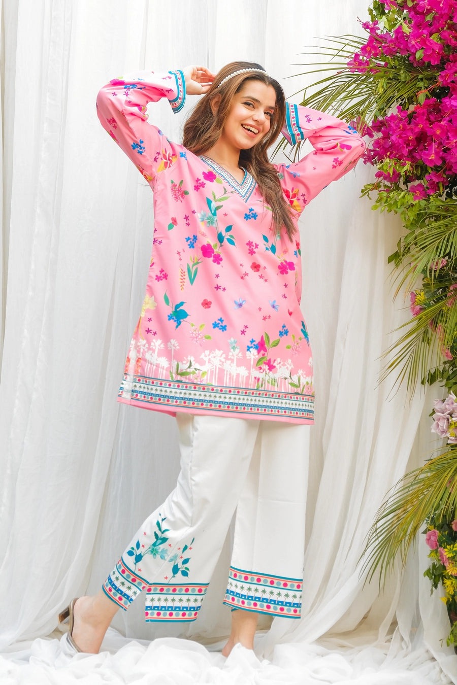 PINK FLORAL Co-Ord Set – Silky Lawn 2-Piece